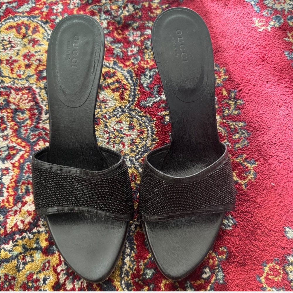 Vintage Gucci Tom Ford black logo beaded mules